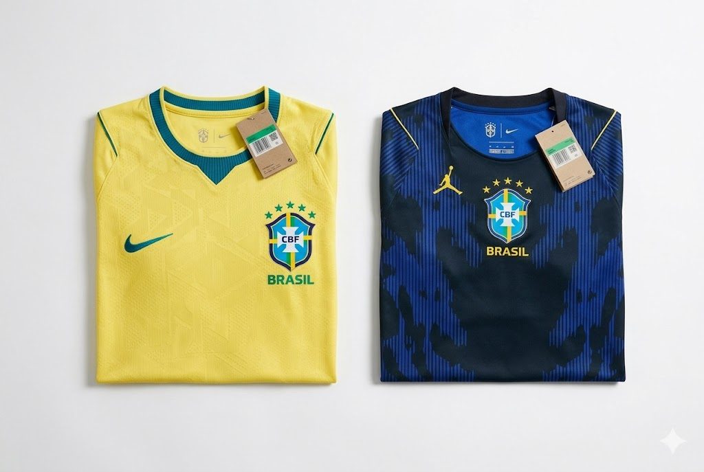 Camisa verde e amarela ao lado da camisa azul, modelos torcedor do Brasil